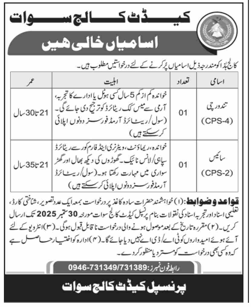 Jobs in Cadet College Swat